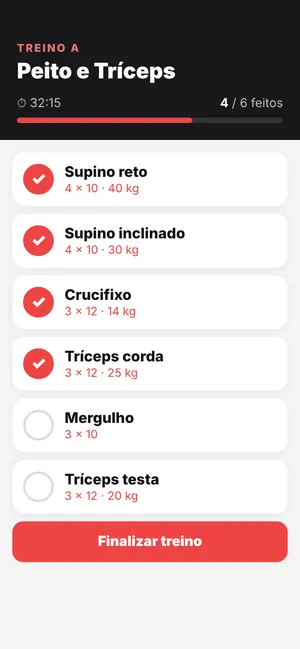 Treino + Gestão — tela no celular